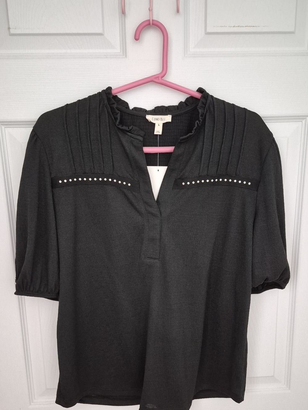 Como Blu Black Stud-Trim Pintuck Ruffle Blouse